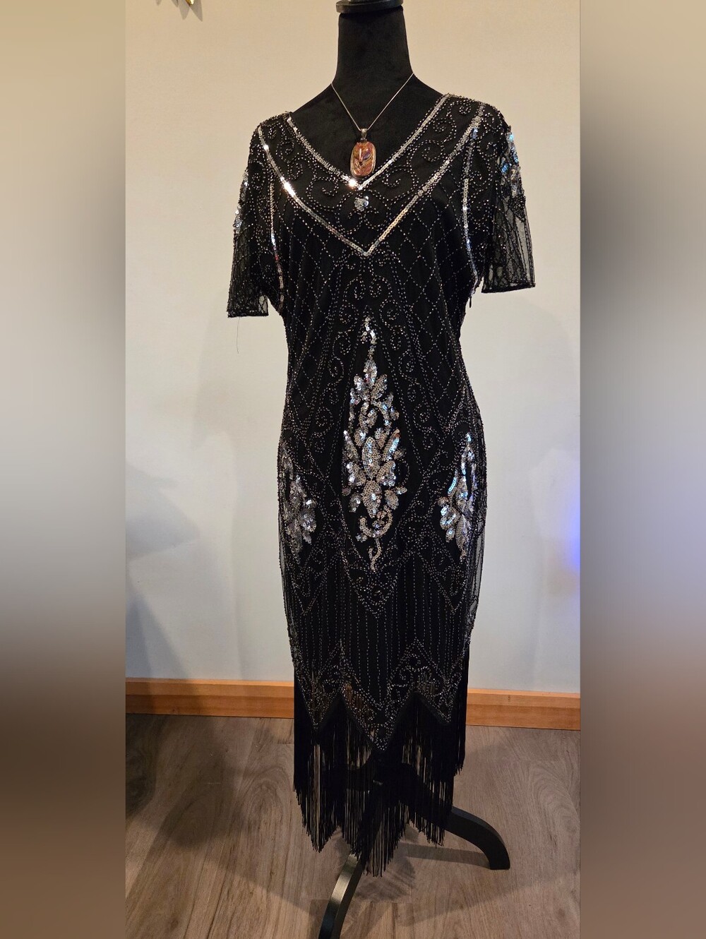 Daisy Black Beaded Fringe Midi Dress with Silver Sequin Accents